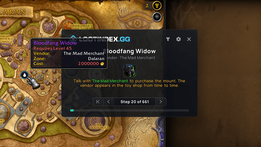 Mount Planner displaying a mount destination and waypoint on the World of Warcraft map.
