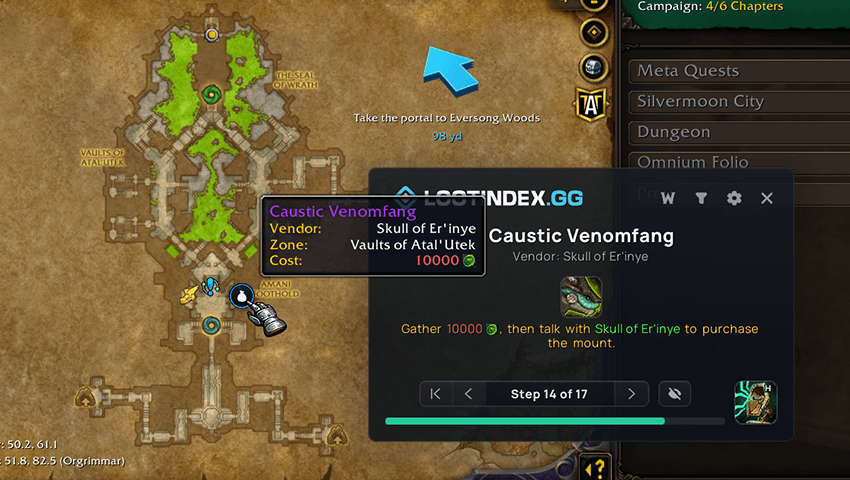 Mount Planner displaying a mount destination and waypoint on the World of Warcraft map.