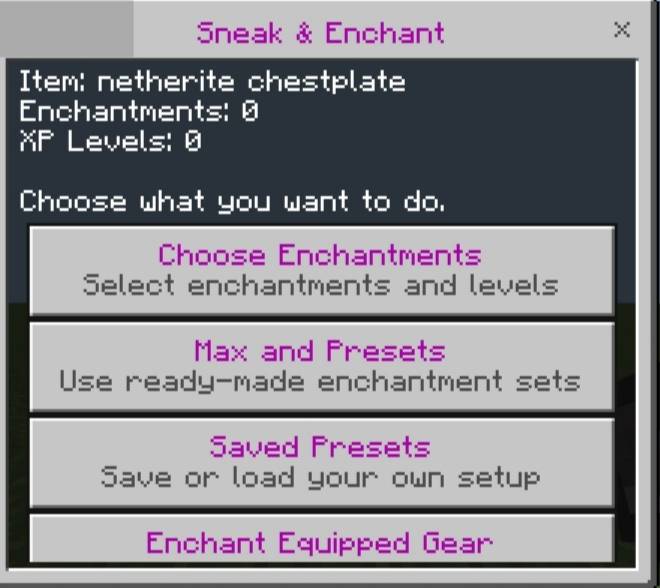 Sneak&Enchant 2.0.2(Achievement Friendly): Enchant Your Items Instantly While Sn — Minecraft Bedrock addon, screenshot 4