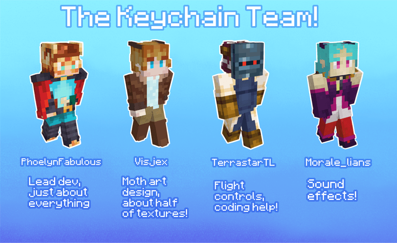 The Keychain Team! Lead dev PhoelynFabulous, Art help Visjex, Coding help TerrastarTL, and Sound designer Morale_lians