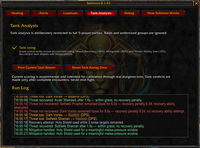 Sekhmet tank rating log