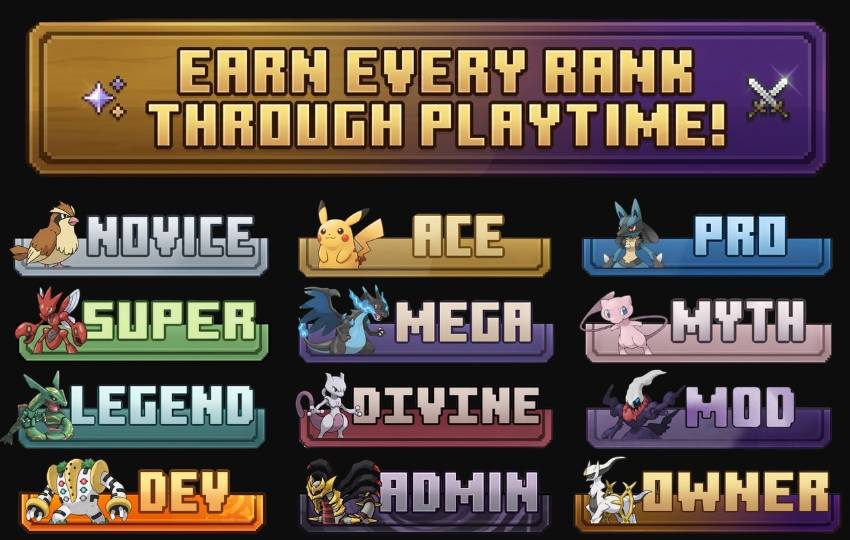No real money required: Grind your way up from Novice to the ultimate Divine rank entirely through active gameplay (100 hours per upgrade). Unlock full commands and rewards completely fair and free!