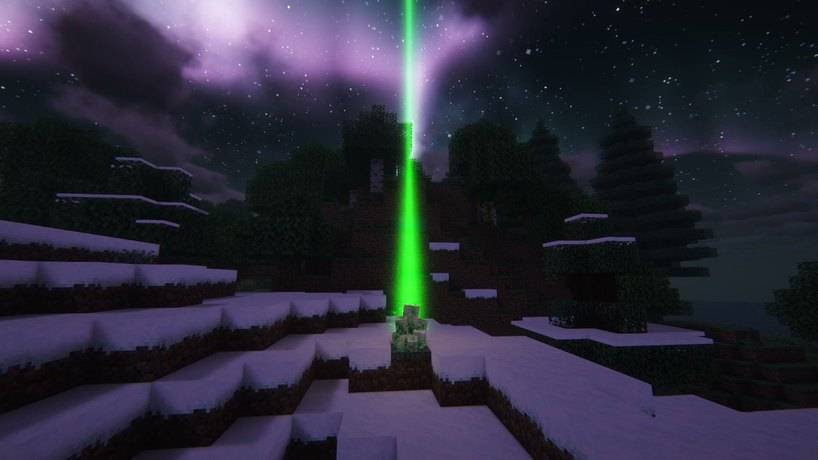 A raid crystal beam on the snowy plains at night