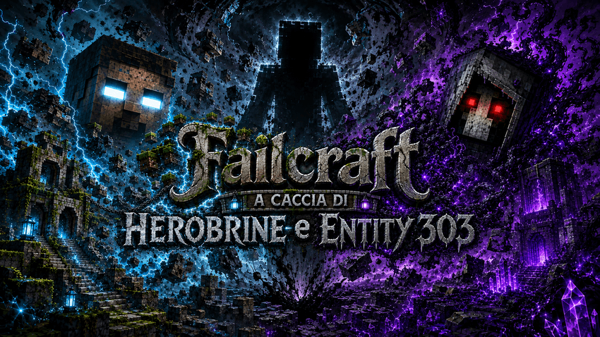 A dark Minecraft-inspired banner featuring Herobrine and Entity 303, split between blue lightning and purple corruption, with the metallic “Failcraft” logo at the center.