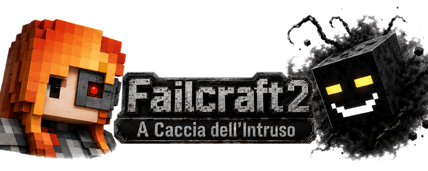 A dark Minecraft-style banner showing a cybernetic orange-haired hunter facing a shadowy, yellow-eyed entity, with chains, smoke, sparks, and the title “Failcraft2 – A Caccia dell’Intruso.”
