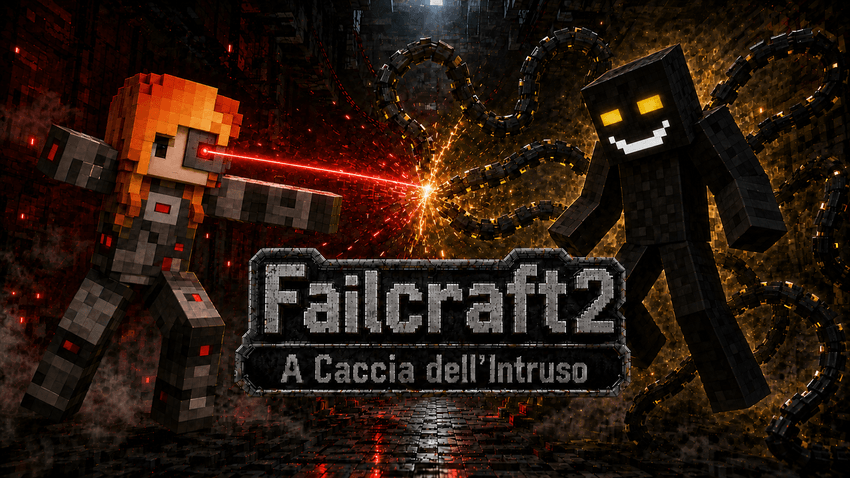 A dark Minecraft-style banner showing a cybernetic orange-haired hunter facing a shadowy, yellow-eyed entity, with chains, smoke, sparks, and the title “Failcraft2 – A Caccia dell’Intruso.”