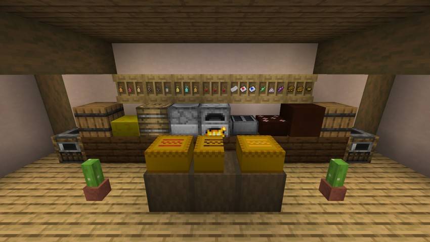 The kitchen machines on the counter, every soda, dragon fruit and health item on the shelf above, and pies on the table