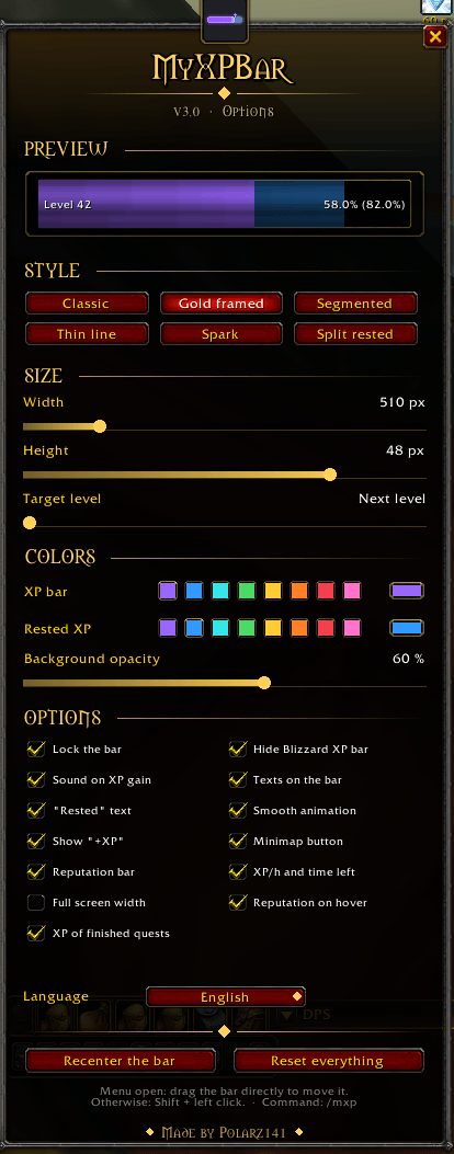 The MyXPBar bar in game