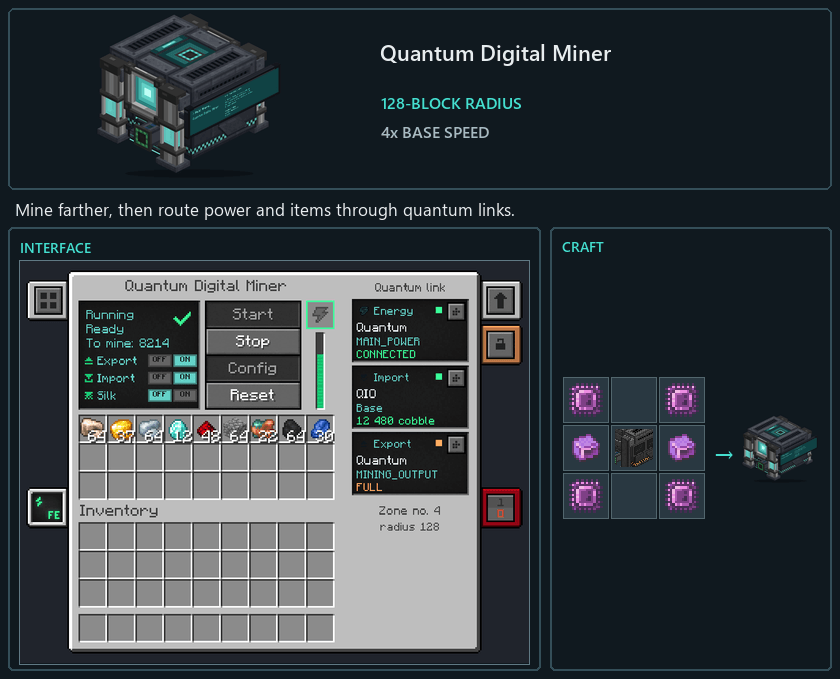 Quantum Digital Miner model, interface preview and current 0.5.1 crafting recipe side by side