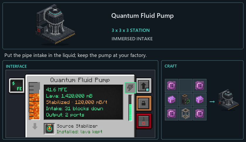 Quantum Fluid Pump model, interface preview and current 0.5.1 crafting recipe side by side