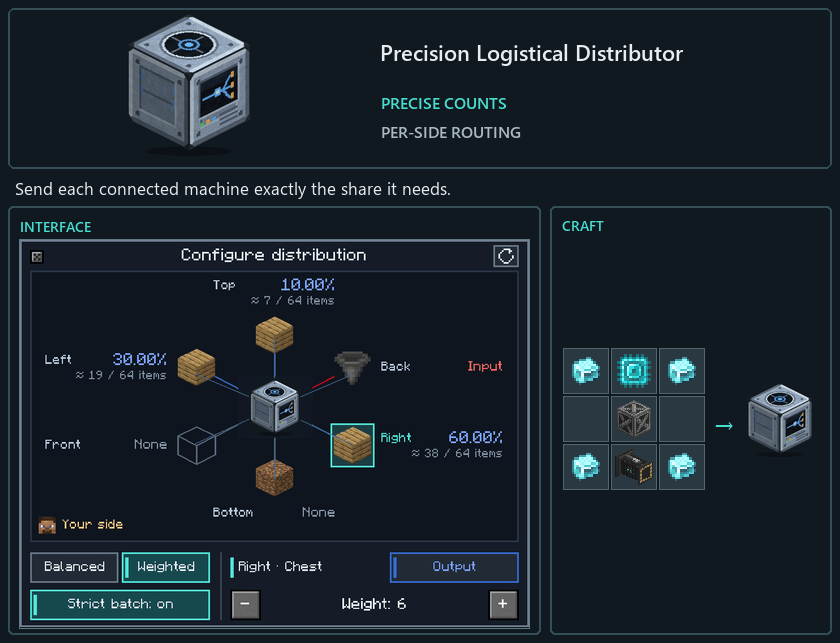 Precision Logistical Distributor model, corrected interface preview and current 0.5.1 crafting recipe side by side