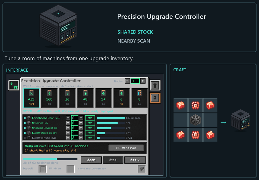 Precision Upgrade Controller model, interface preview and current 0.5.1 crafting recipe side by side