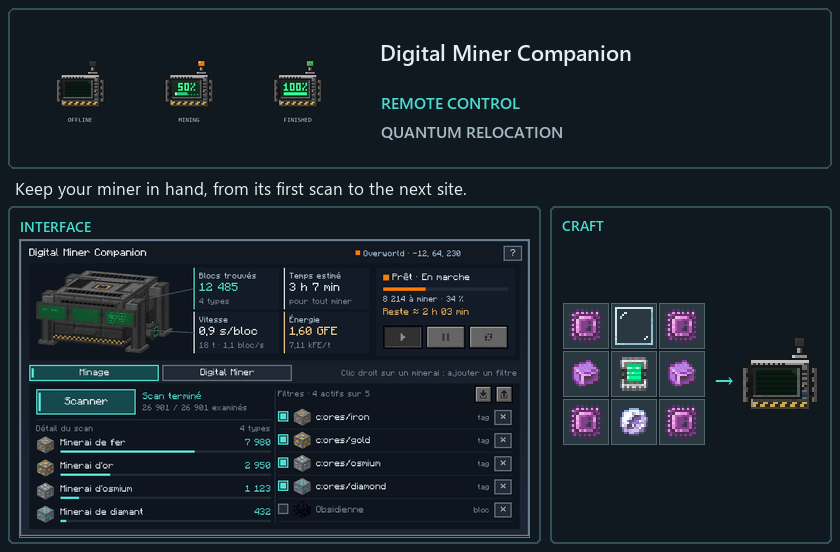 Digital Miner Companion sprites, interface preview and current 0.5.1 crafting recipe side by side
