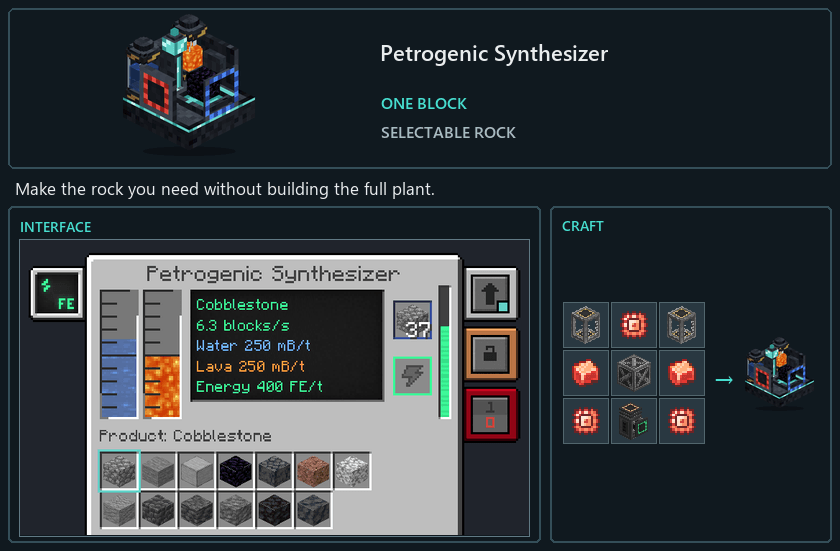 Petrogenic Synthesizer model, interface preview and current 0.5.1 crafting recipe side by side