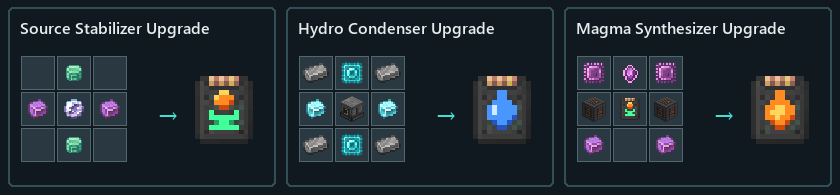 Current 0.5.1 crafting recipes for the Source Stabilizer, Hydro Condenser and Magma Synthesizer upgrades on one line