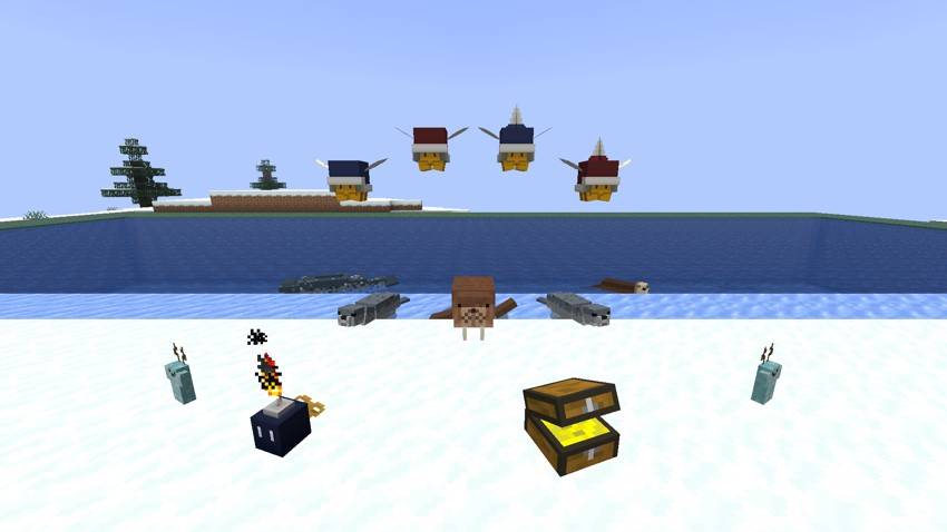 Seals, a walrus, a narwhal and a sea otter at the water, ice pixies on the snow, parabuzzies overhead, and a Bob-omb and a treasure mob in front