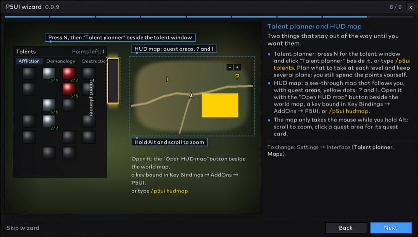 Setup Wizard: Talent Planner and HUD Map