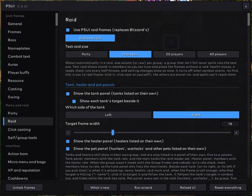 Tank, Healer and Pet Panel Settings