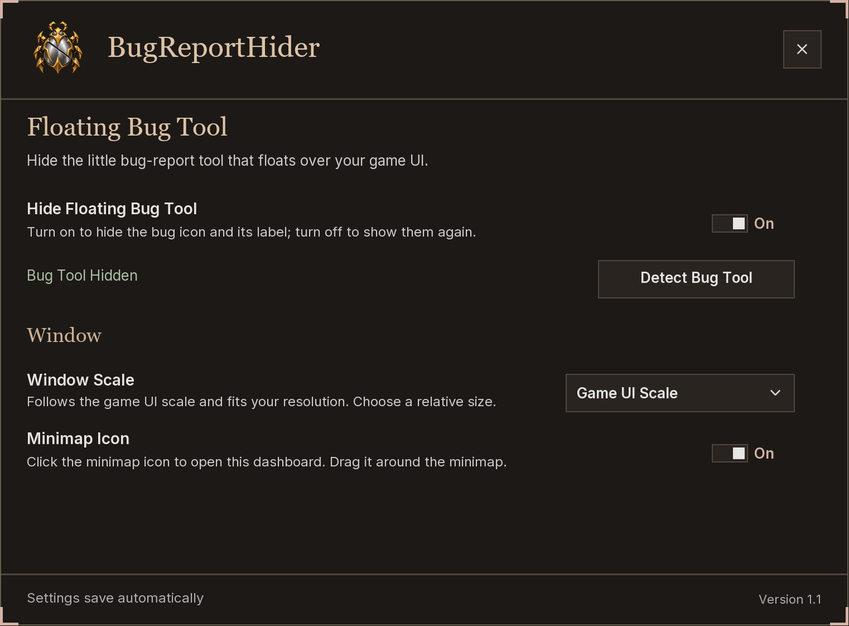 Bug Report Hider Dashboard Screenshot