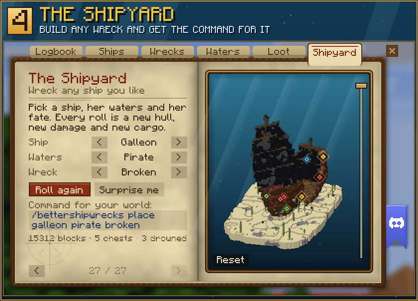 4. The Shipyard: build any wreck and get the command for it