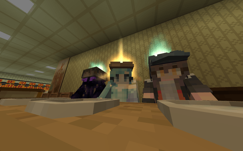 Three Minecraft players wearing VHS hats with glowing cosmetic effects.