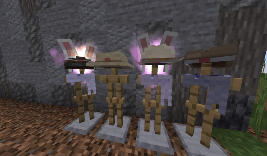 VHS hats and cosmetic effects displayed on armor stands.