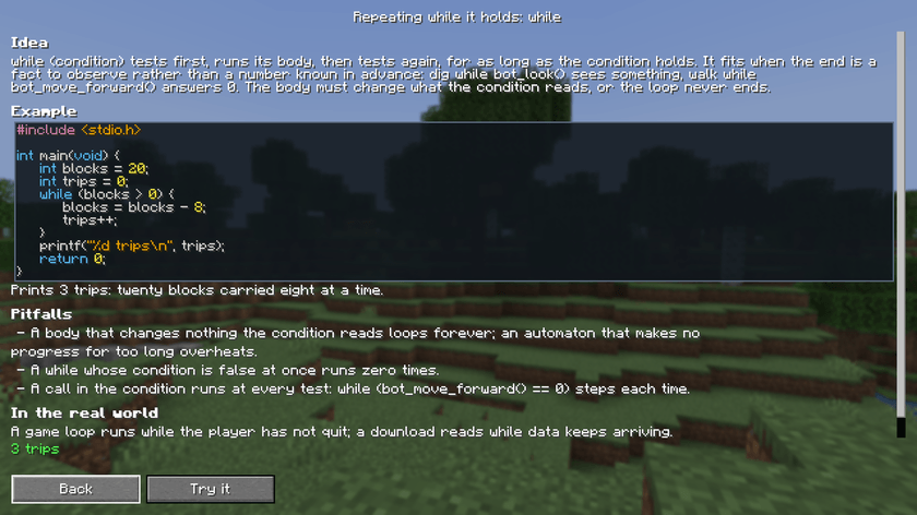 A Codex page with a C example and its Try it button