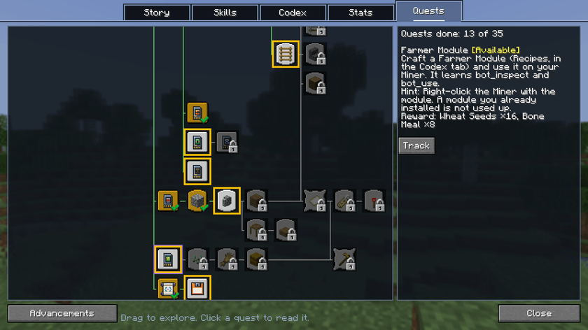 The Quests tab: a tree of tutorial, mining, building, farming and Workshop quests