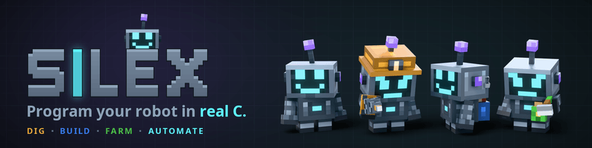 Silex: program your robot in real C. The little robot peeks over the name, next to four robots in their kits.