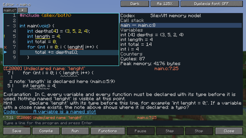 The in-game C editor with syntax colours, an explained error and the Black Box debugger