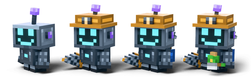 The Silex automaton four times: plain, with its Miner kit, then with the Builder and Farmer Modules