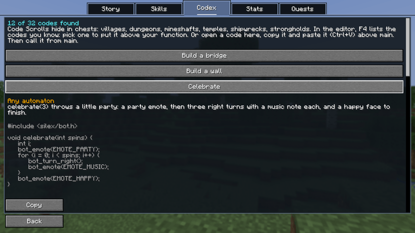 The Code Library listing the codes learned from Code Scrolls, each with a Copy button