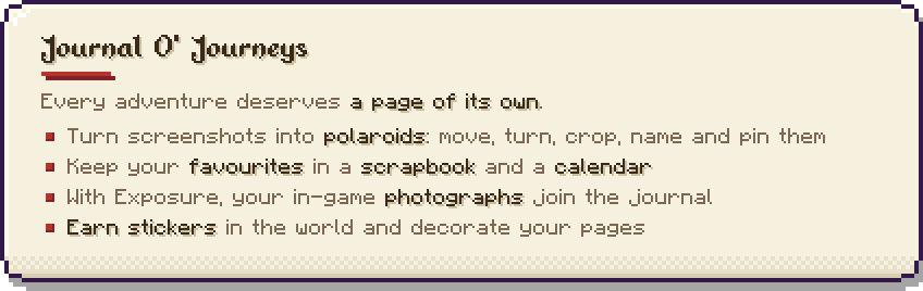 Journal O' Journeys: screenshots as polaroids, a scrapbook, a calendar and stickers to earn