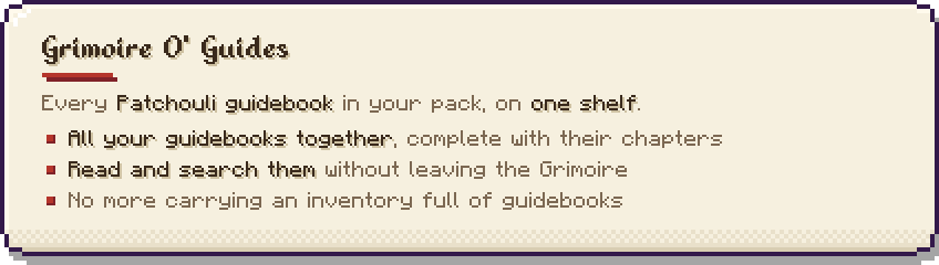 Grimoire O' Guides: every Patchouli guidebook on one shelf, read and searched inside the Grimoire