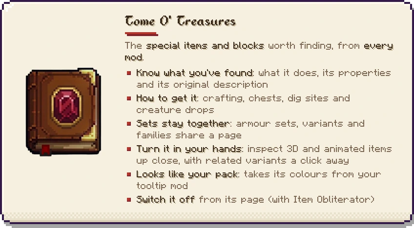 Tome O' Treasures: special items and blocks, what they do, how to get them, sets kept together