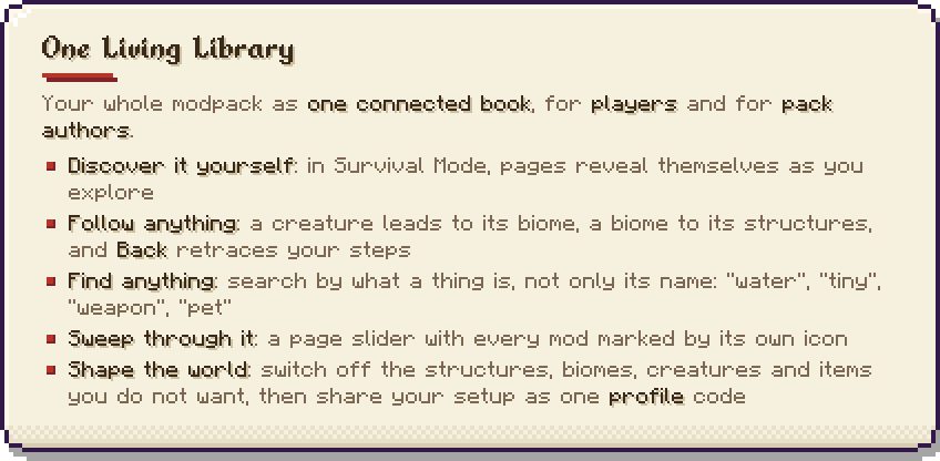 One living library: discover in Survival Mode, follow anything, find anything, page slider, shape the world