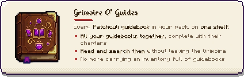 Grimoire O' Guides: every Patchouli guidebook on one shelf, read and searched inside the Grimoire