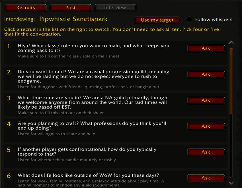KinFolk recruit interview in WoW Forever with ready questions, what to listen for, and Ask buttons