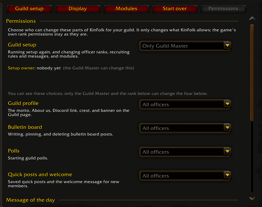 KinFolk permissions where the Guild Master chooses who can change what