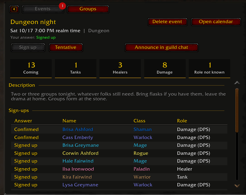A guild event in KinFolk with sign-ups counted by tank, healer, and damage, and a table of every answer