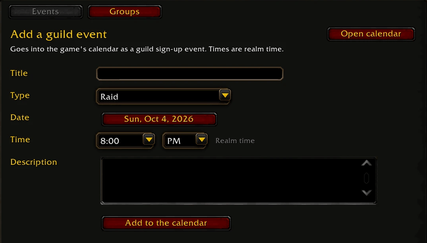 Adding a guild event in KinFolk for WoW Forever with the calendar date picker and time lists