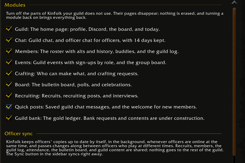 KinFolk settings in WoW Forever with switches to turn each module on or off