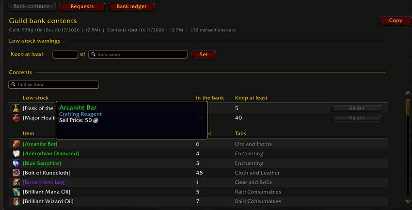 Preview of KinFolk bank contents with low-stock warnings, the item table, and an item tooltip