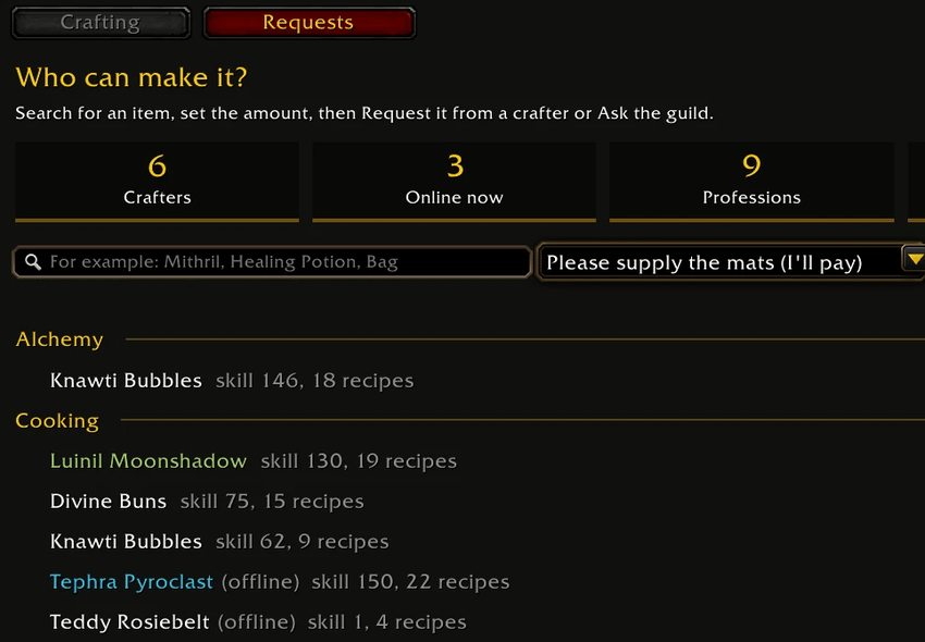 KinFolk crafting directory for WoW Forever showing crafters, recipes, and a search for potions with Whisper buttons