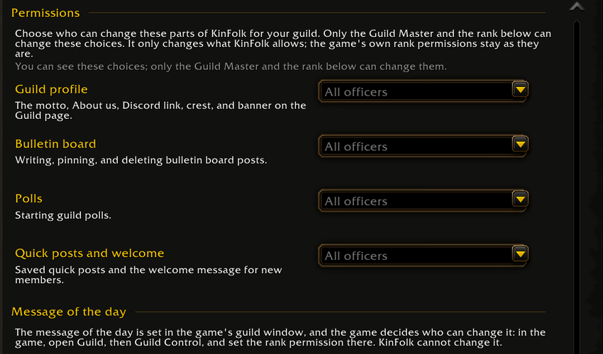 KinFolk permissions in WoW Forever where the Guild Master chooses who can change the guild profile, board, polls, and quick posts