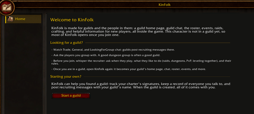 The KinFolk Home page for a player with no guild, with tips and Start a guild