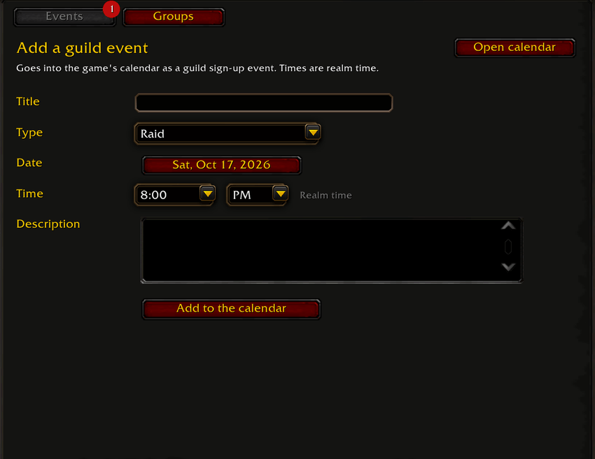 Adding a guild event in KinFolk with the calendar date picker