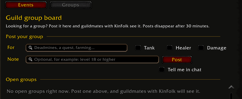 KinFolk guild group board in WoW Forever for posting a group with the roles you need
