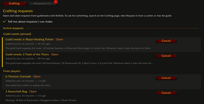 KinFolk crafting requests with a Guild needs request pinned at the top
