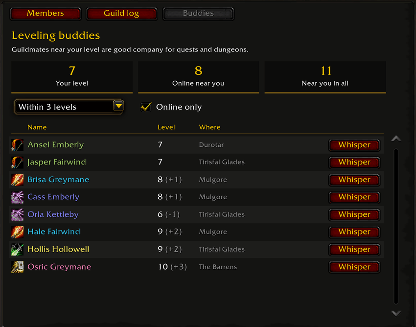 KinFolk leveling buddies: guildmates near your level with a whisper button